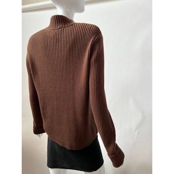Evan-Picone Suede Blocked Cardigan Sweater M Brown Cotton and Leather - Picture 12 of 15
